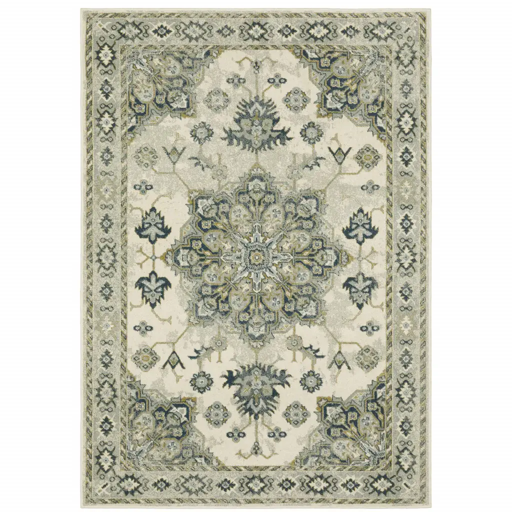 5' X 7' Ivory Blue Teal Grey And Olive Green Oriental Power Loom Stain Resistant Area Rug - Image 2
