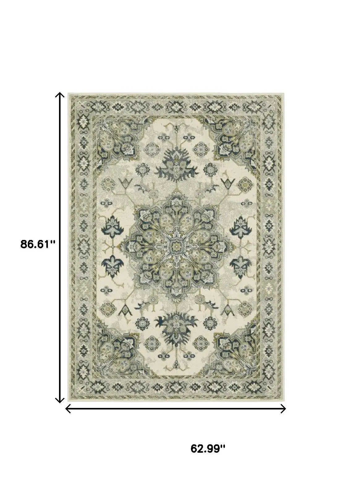 5' X 7' Ivory Blue Teal Grey And Olive Green Oriental Power Loom Stain Resistant Area Rug - Image 3