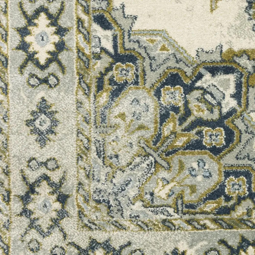 5' X 7' Ivory Blue Teal Grey And Olive Green Oriental Power Loom Stain Resistant Area Rug - Image 4