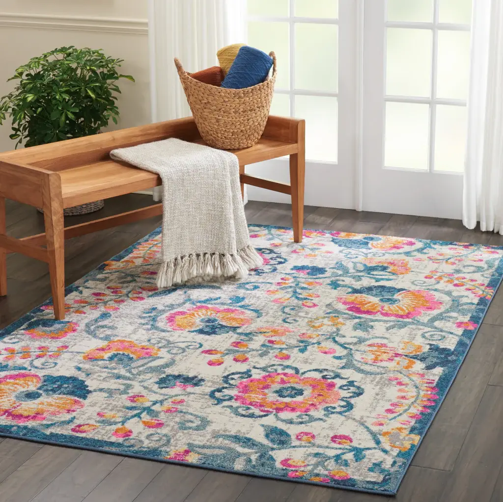 5' X 7' Ivory Floral Dhurrie Area Rug - Image 4
