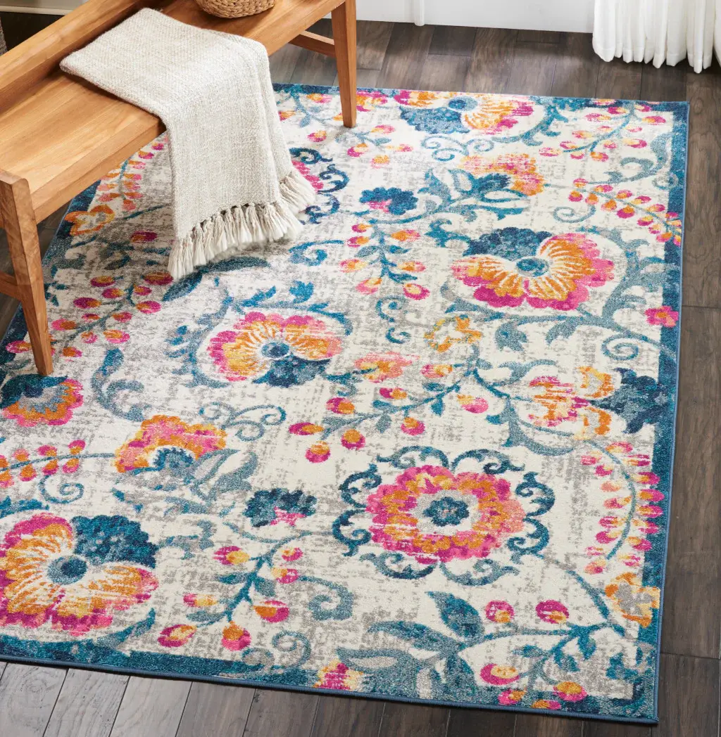 5' X 7' Ivory Floral Dhurrie Area Rug - Image 5
