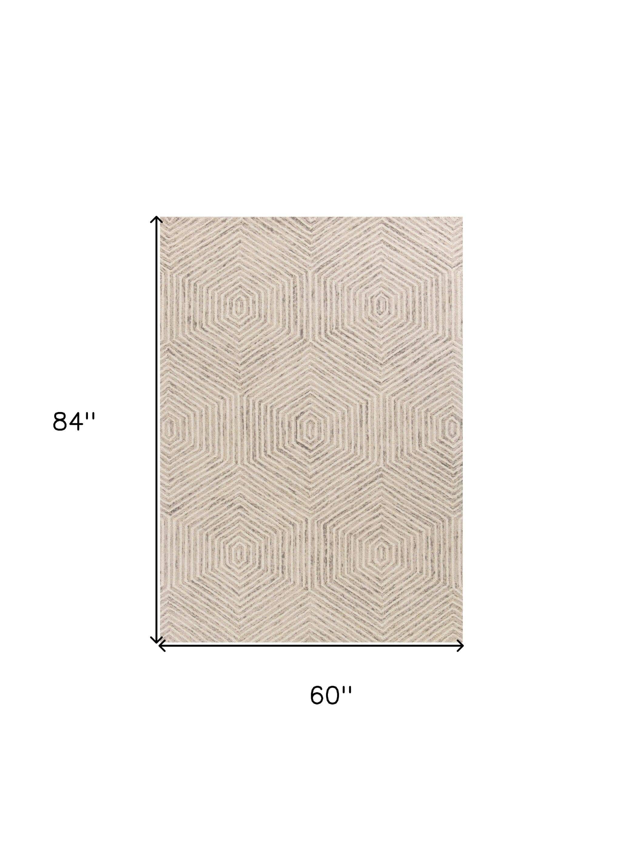 5' X 7' Ivory Geometric Hexagon Wool Indoor Area Rug - Image 3