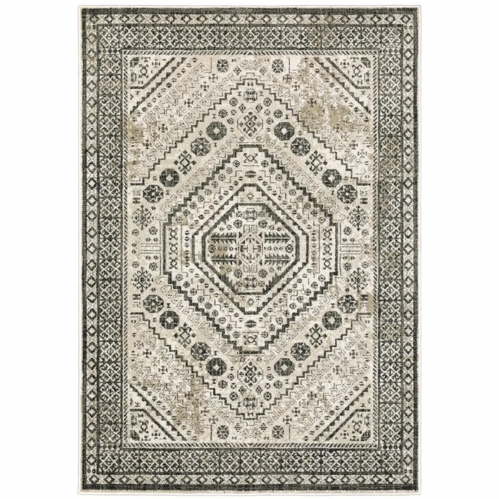 5' X 7' Ivory Grey Black And Ivory Oriental Power Loom Stain Resistant Area Rug - Image 2