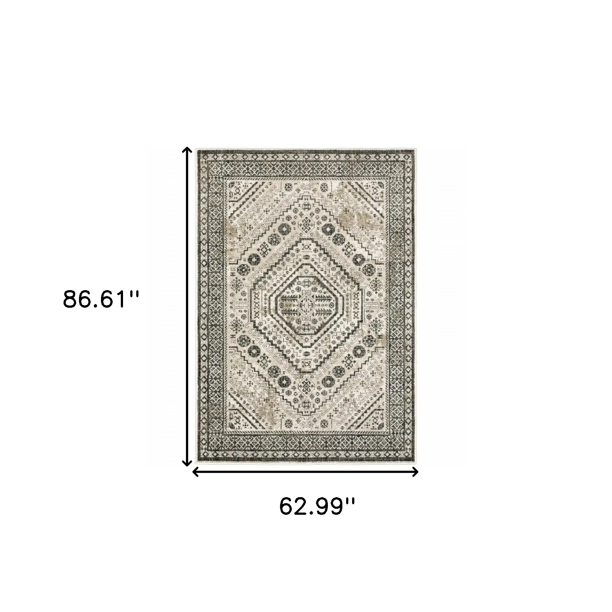 5' X 7' Ivory Grey Black And Ivory Oriental Power Loom Stain Resistant Area Rug - Image 3