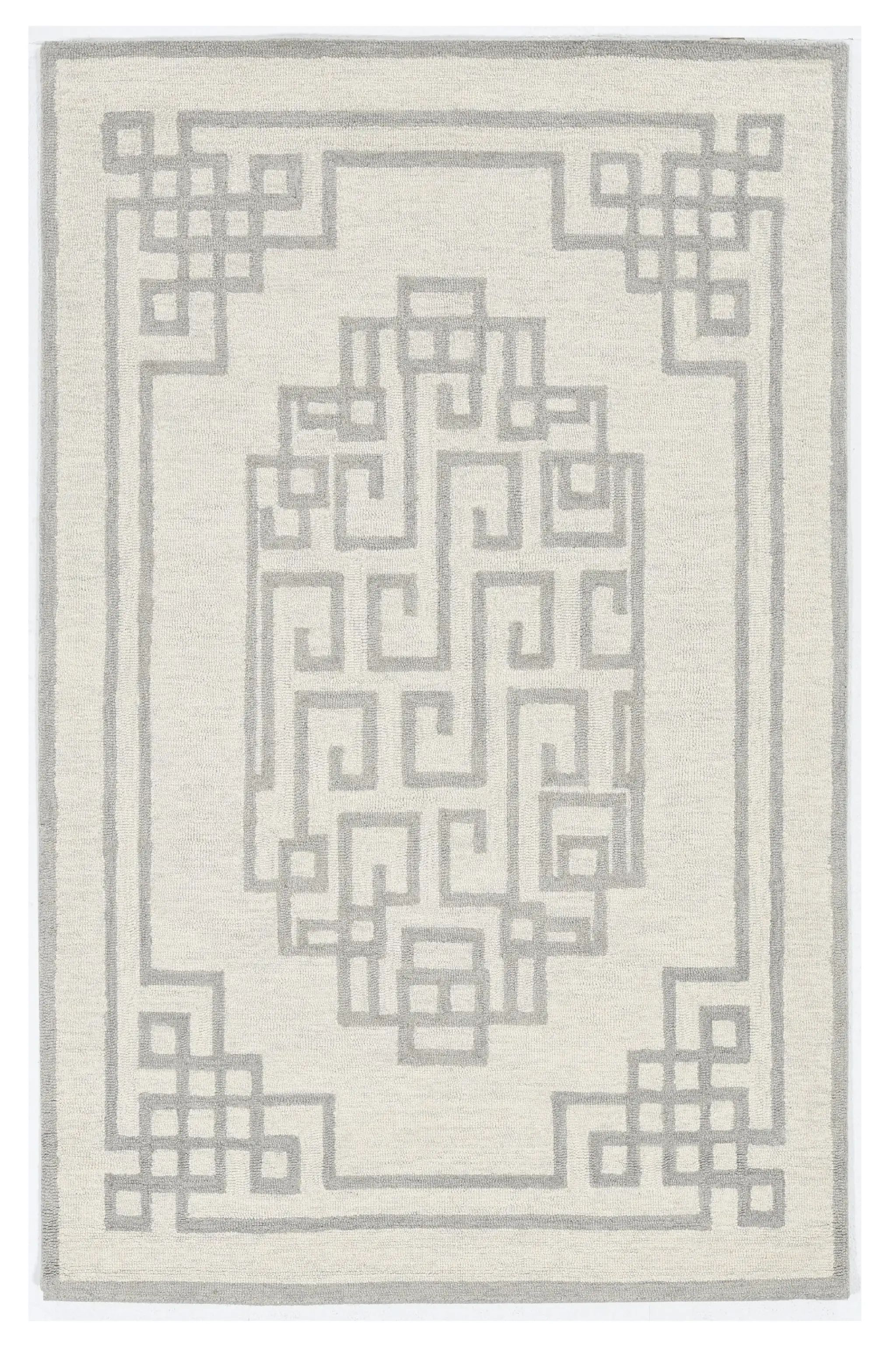 5' X 7' Ivory Grey Hand Tufted Bordered Greek Key Indoor Area Rug
