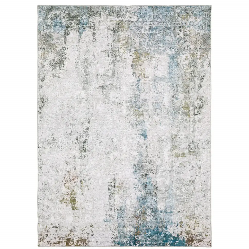 5' X 7' Ivory Teal Blue Grey Brown And Gold Abstract Printed Stain Resistant Non Skid Area Rug - Image 2