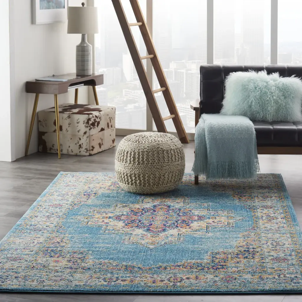5' X 7' Light Blue Southwestern Power Loom Area Rug - Image 6