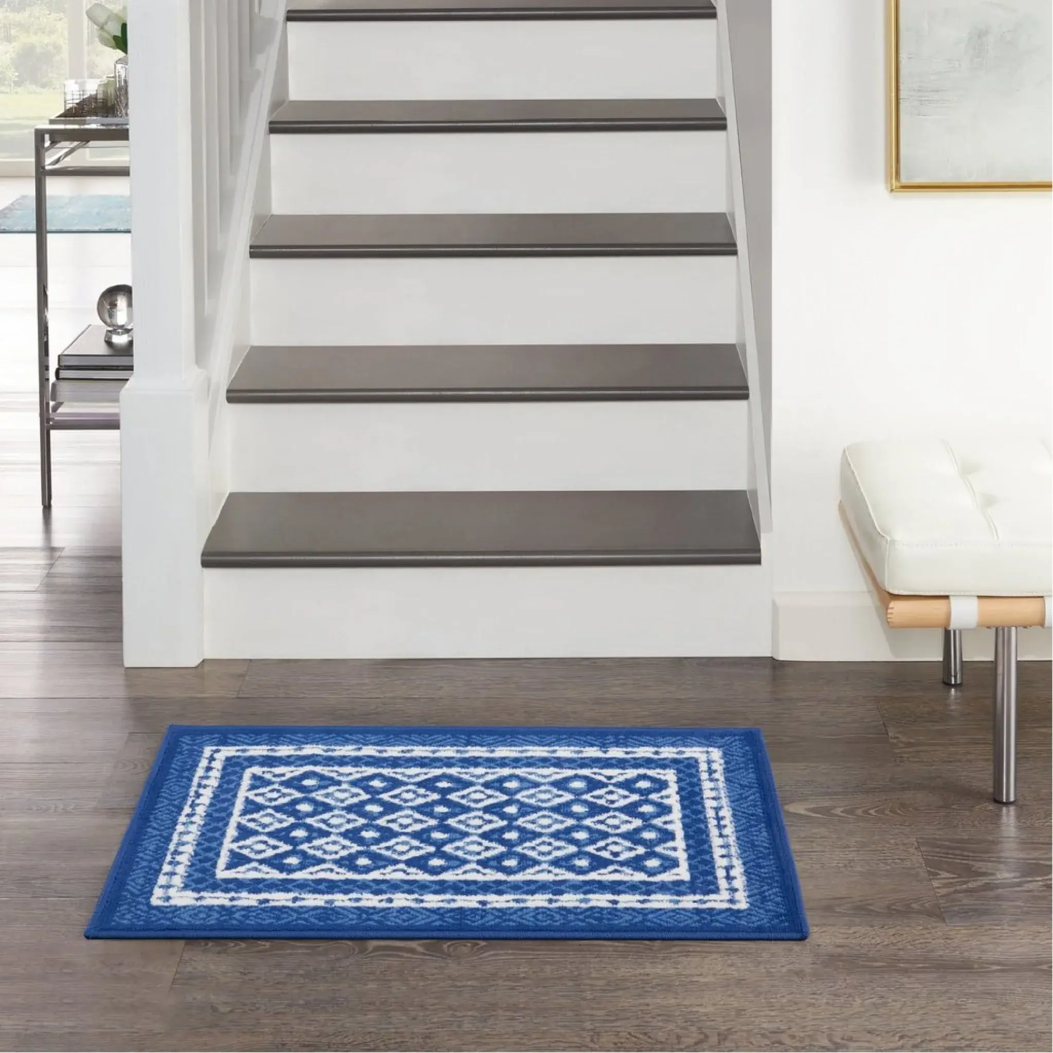 5' X 7' Navy Blue Geometric Dhurrie Area Rug - Image 5