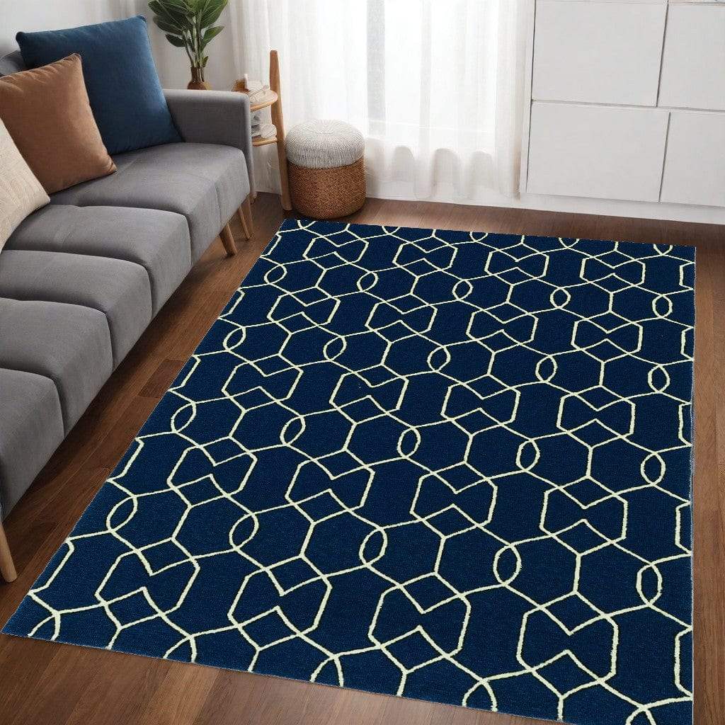 5' X 7' Navy Blue Geometric Hand Hooked Area Rug