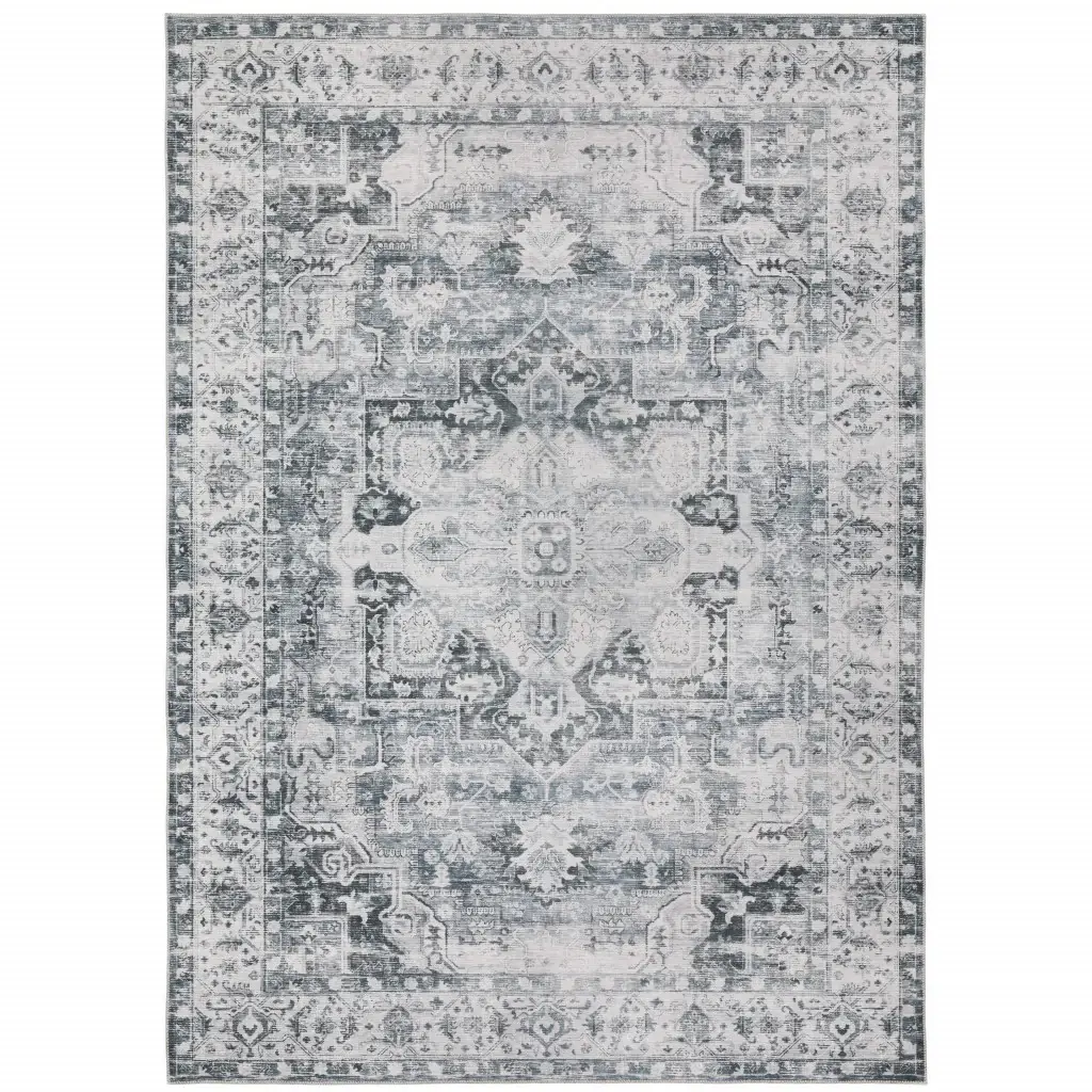 5' X 7' Navy Blue Ivory And Grey Oriental Printed Stain Resistant Non Skid Area Rug - Image 2