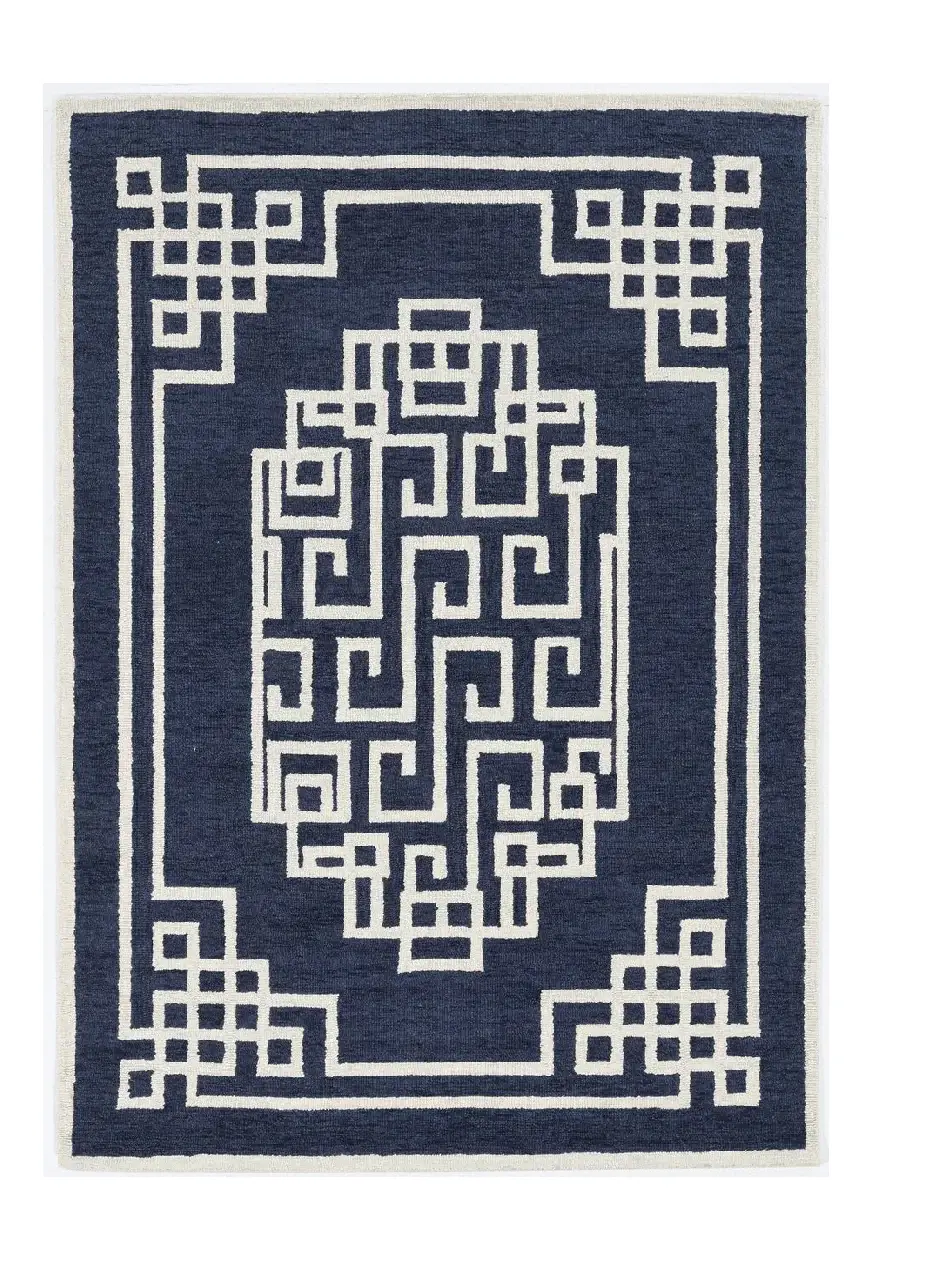 5' X 7' Navy Blue Ivory Hand Tufted Bordered Greek Key Indoor Area Rug - Image 2