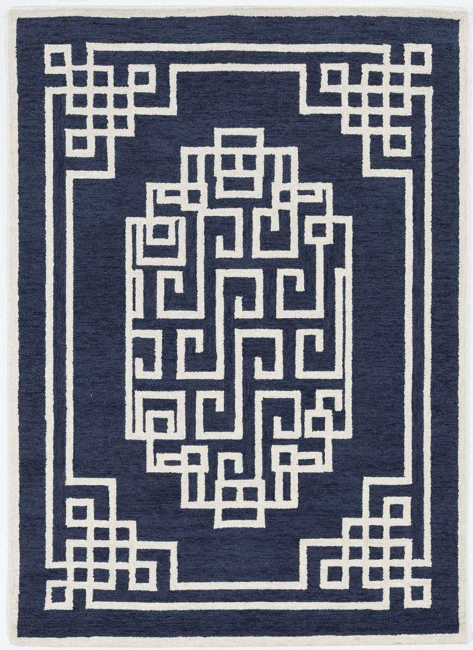 5' X 7' Navy Blue Ivory Hand Tufted Bordered Greek Key Indoor Area Rug - Image 4