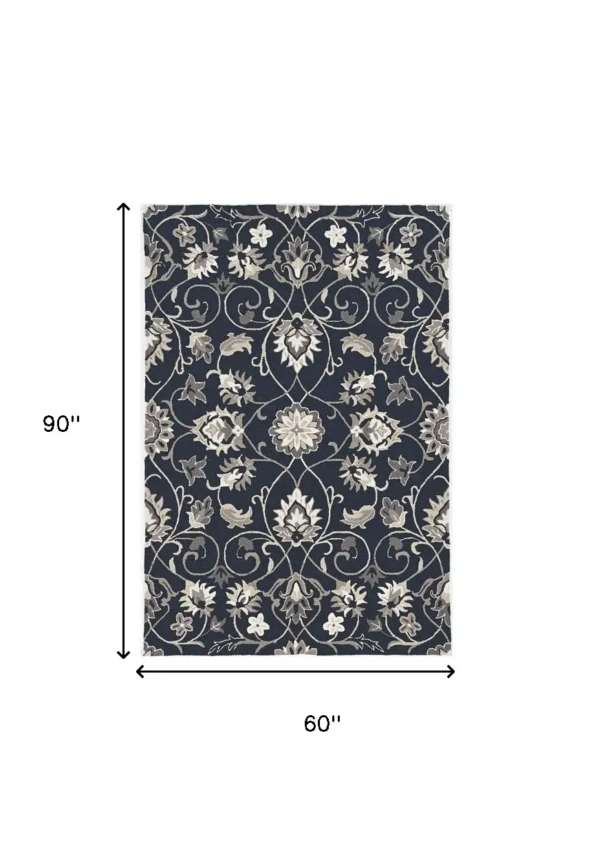 5' X 7' Navy Floral Vines Indoor Outdoor Area Rug - Image 3
