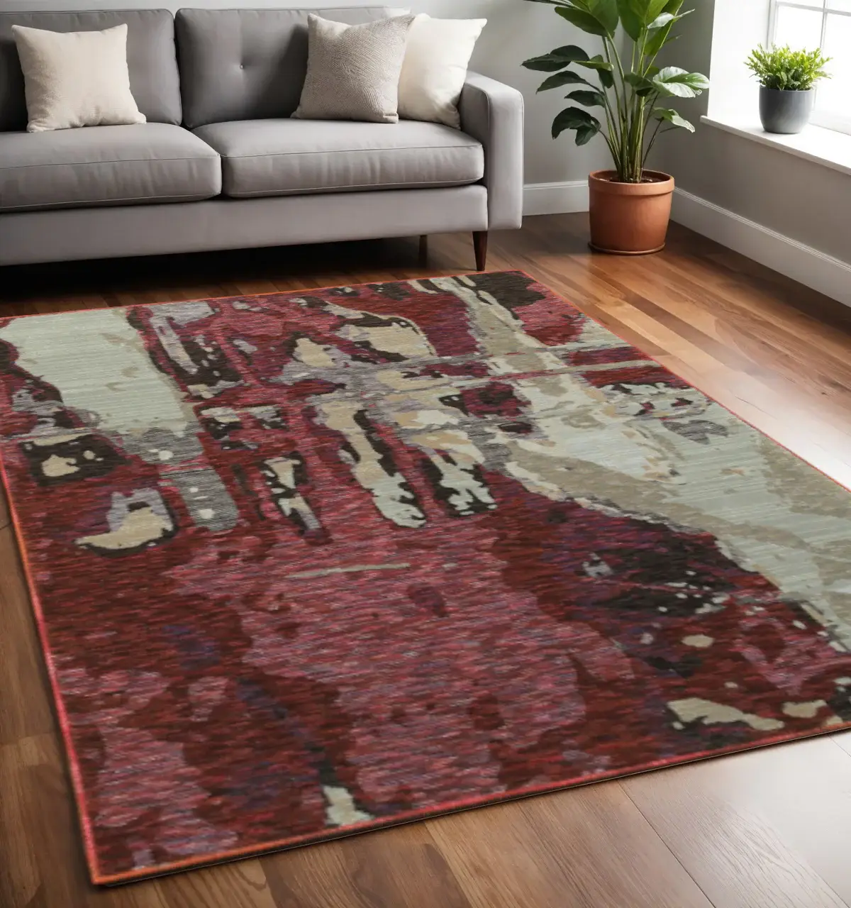 5' X 7' Red and Beige Abstract Power Loom Area Rug