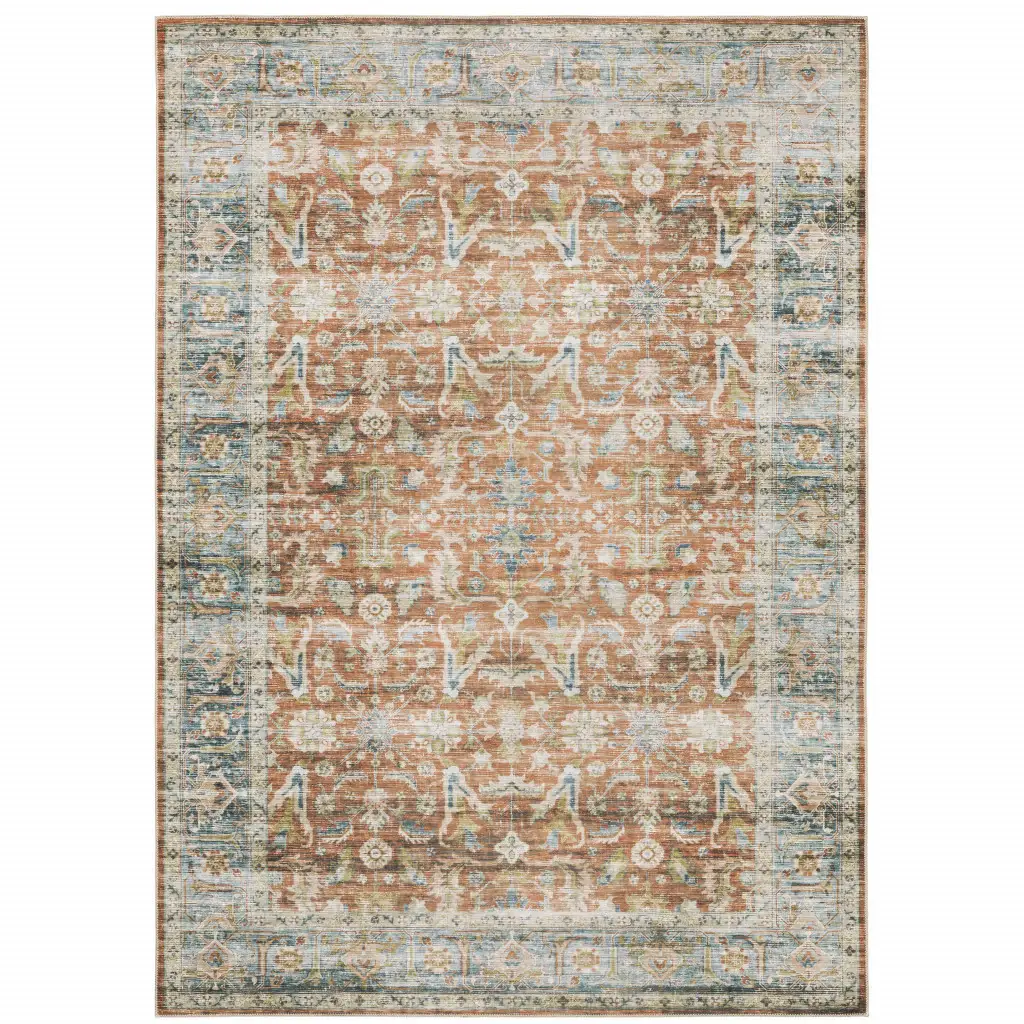 5' X 7' Rust Blue Ivory And Gold Oriental Printed Stain Resistant Non Skid Area Rug - Image 2