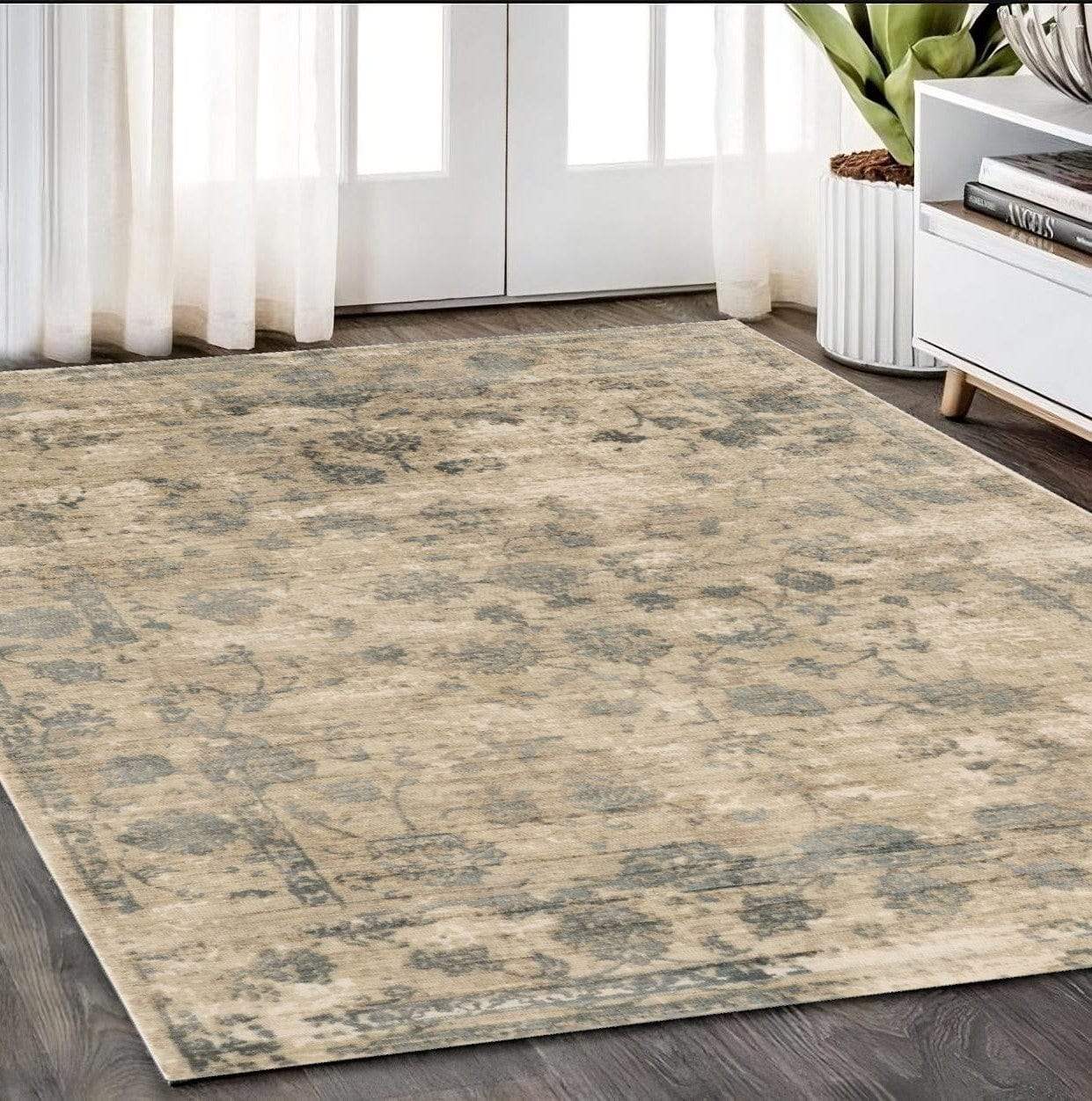5' X 7'  Viscose Sand Or  Blue Area Rug - Image 2