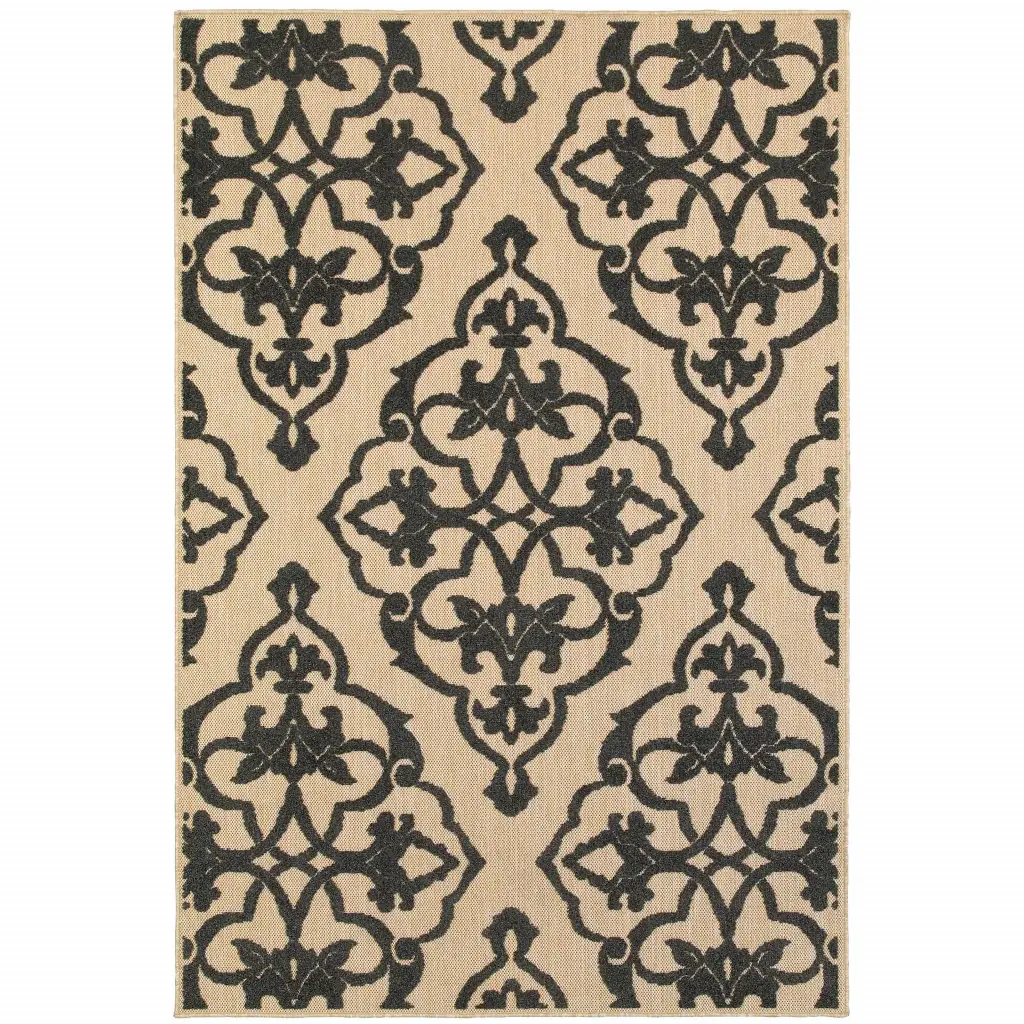 5' X 8' Beige and Black Medallion Stain Resistant Indoor Outdoor Area Rug