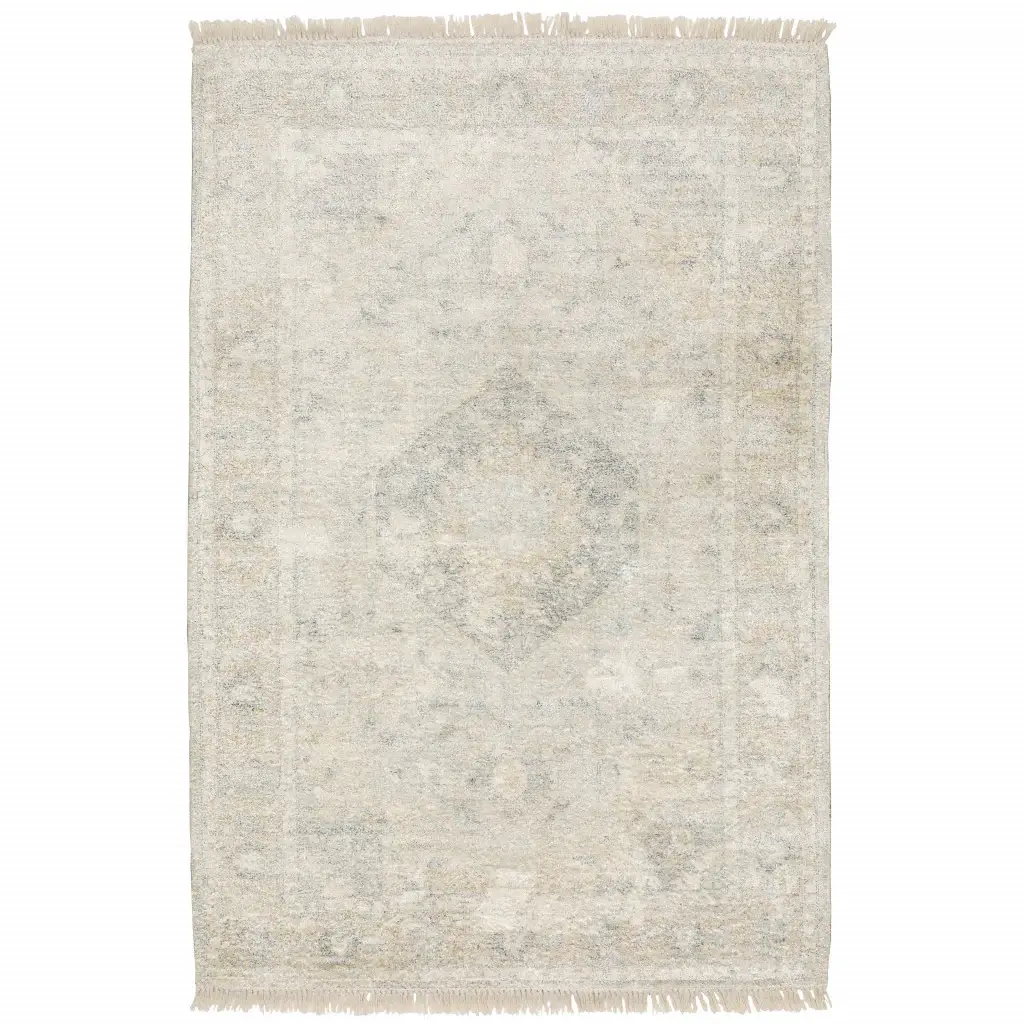 5' X 8' Beige And Grey Oriental Hand Loomed Stain Resistant Area Rug With Fringe - Image 2