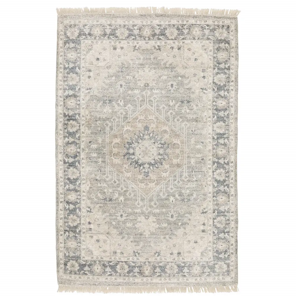 5' X 8' Beige And Grey Oriental Hand Loomed Stain Resistant Area Rug With Fringe - Image 2