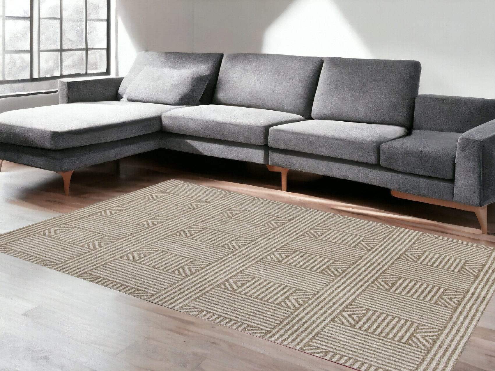 5' X 8' Beige and Ivory Geometric Indoor Outdoor Area Rug - Image 2