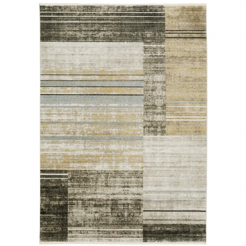 5' X 8' Beige Charcoal Brown Grey Tan Gold And Blue Geometric Power Loom Stain Resistant Area Rug With Fringe - Image 2