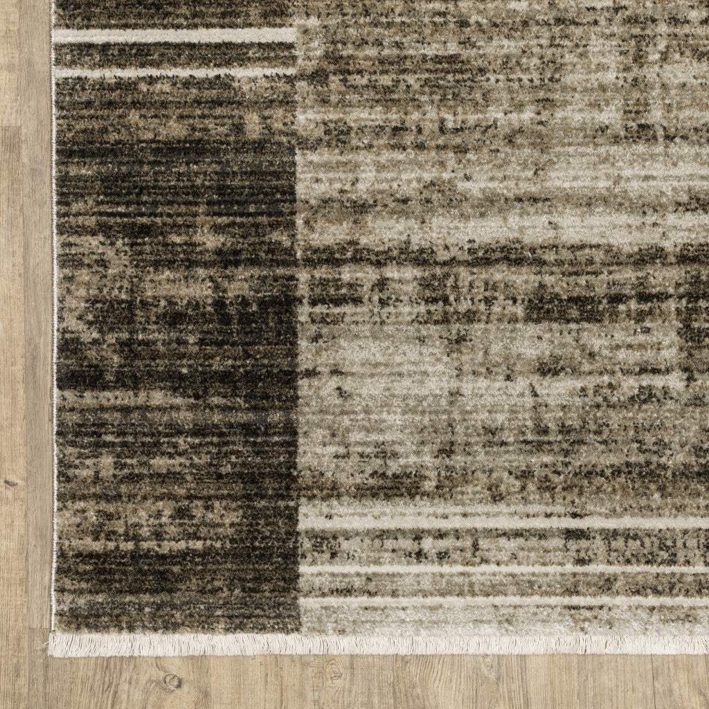 5' X 8' Beige Charcoal Brown Grey Tan Gold And Blue Geometric Power Loom Stain Resistant Area Rug With Fringe - Image 4