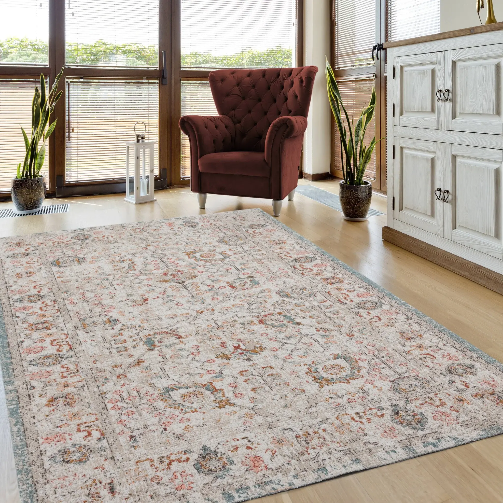 5' X 8' Beige Floral Stain Resistant Indoor Outdoor Area Rug - Image 7