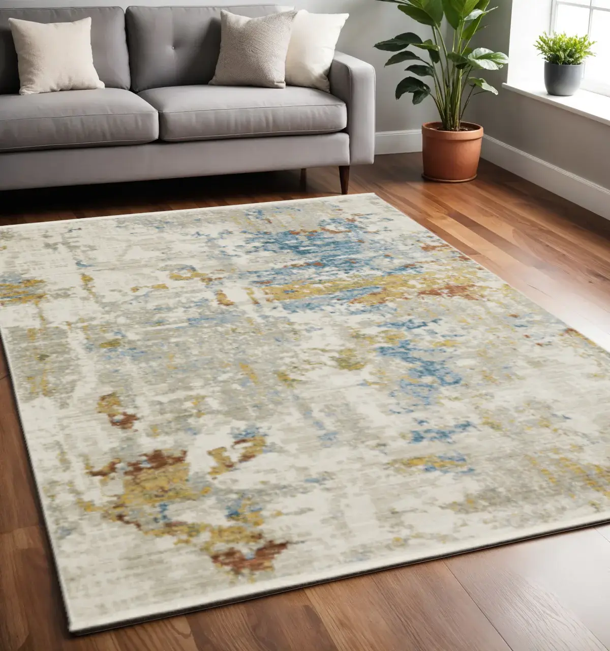 5' X 8' Beige Grey Gold Blue Rust And Teal Abstract Power Loom Stain Resistant Area Rug With Fringe