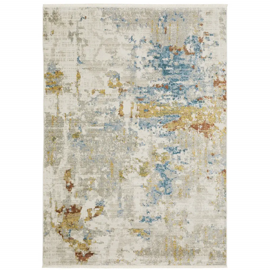 5' X 8' Beige Grey Gold Blue Rust And Teal Abstract Power Loom Stain Resistant Area Rug With Fringe - Image 2