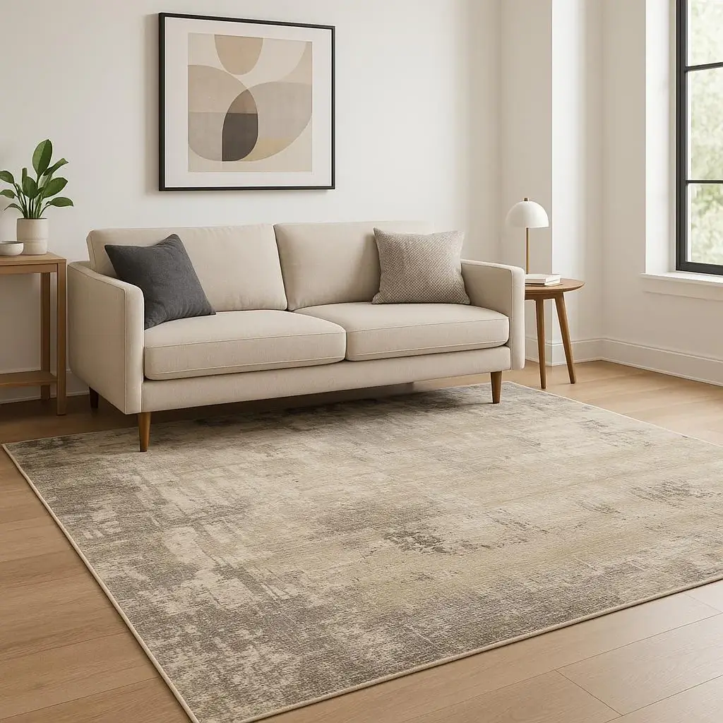5' X 8' Beige Grey Ivory Tan And Brown Abstract Power Loom Stain Resistant Area Rug