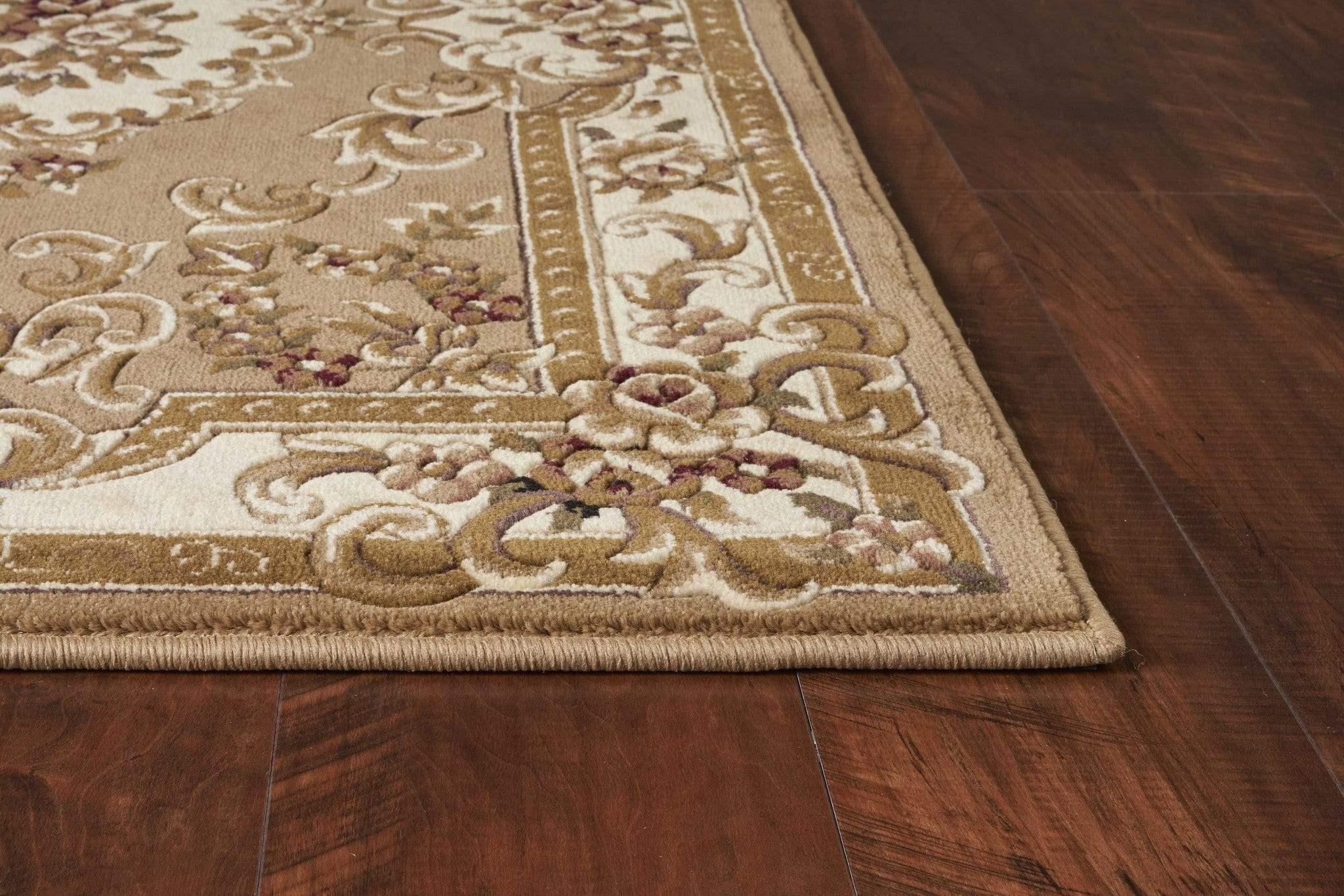 5' X 8' Beige Ivory Machine Woven Hand Carved Floral Medallion Indoor Area Rug - Image 4