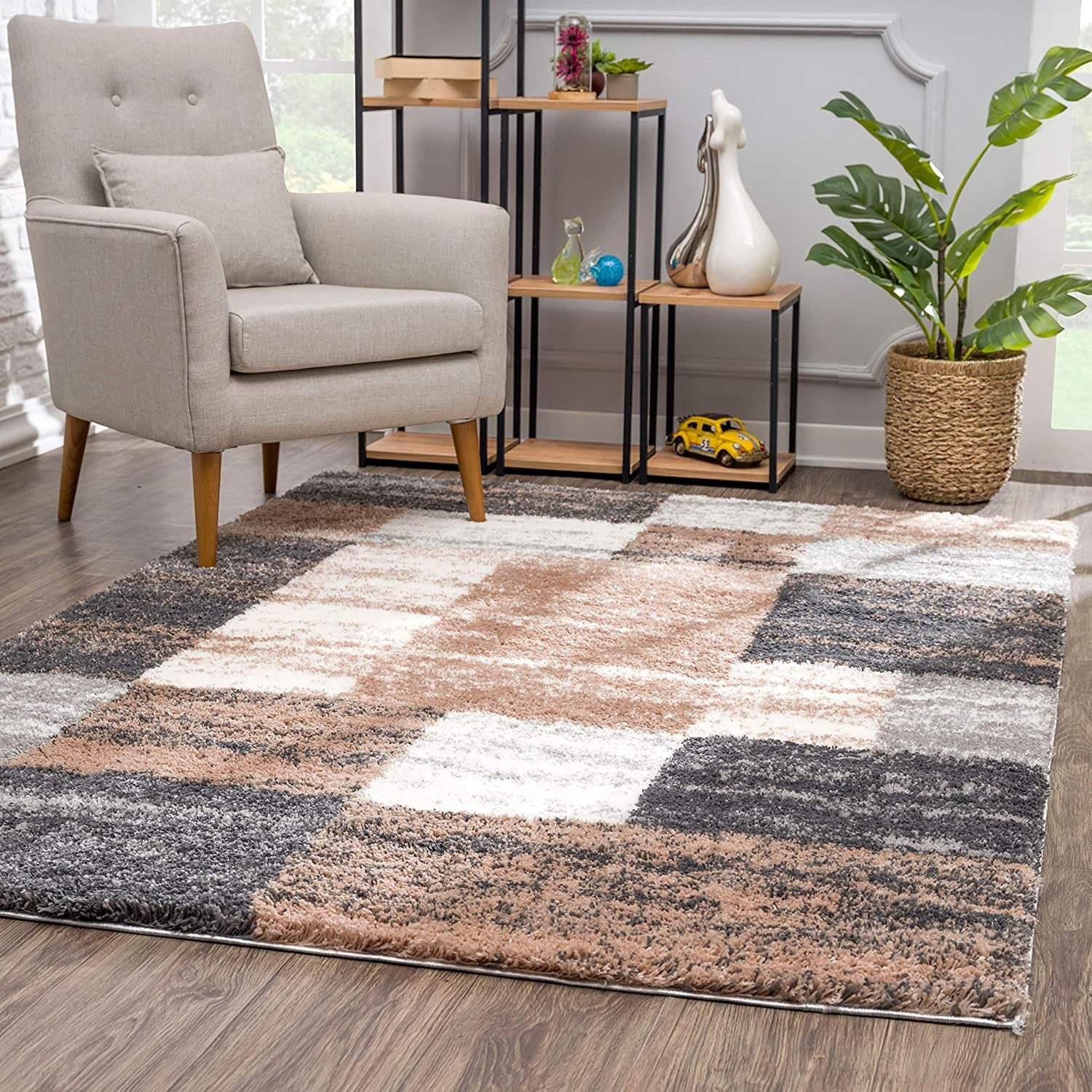 5' X 8' Beige Modern Blocks Area Rug - Image 4