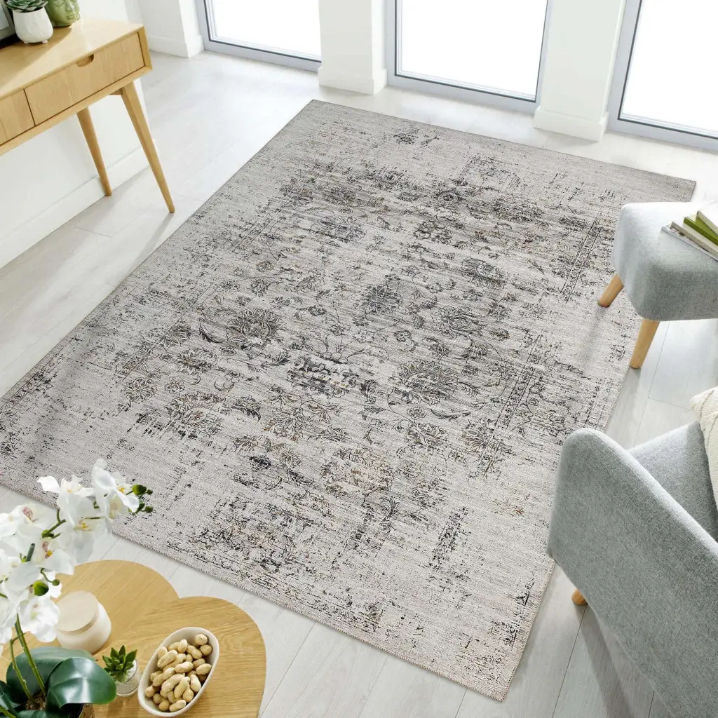 5' X 8' Beige Oriental Distressed Stain Resistant Area Rug - Image 4