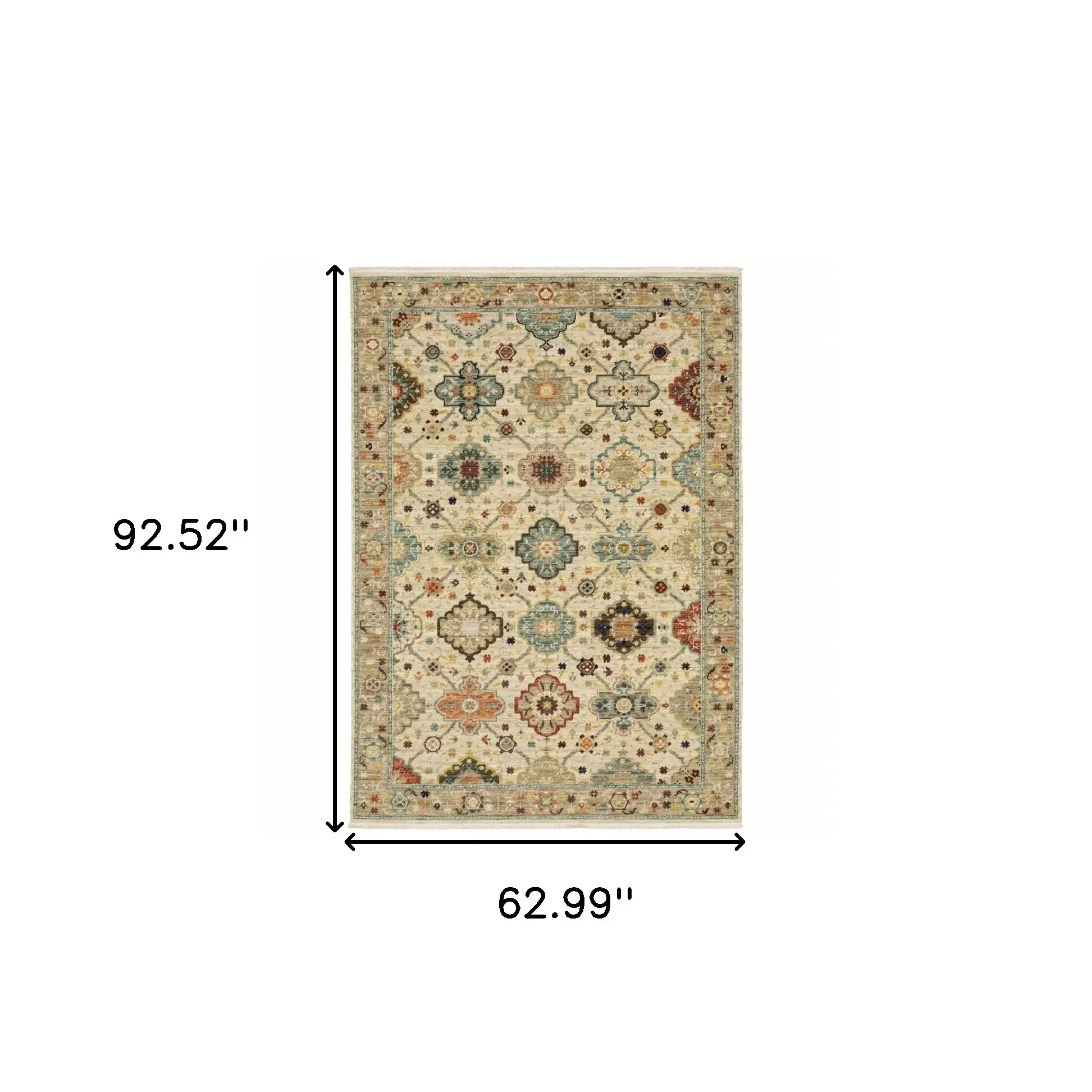 5' X 8' Beige Pale Blue Rust Gold Tan Brown And Orange Oriental Power Loom Stain Resistant Area Rug With Fringe - Image 3
