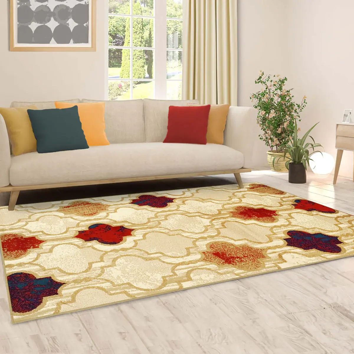 5' X 8' Beige Quatrefoil Power Loom Distressed Stain Resistant Area Rug - Image 4