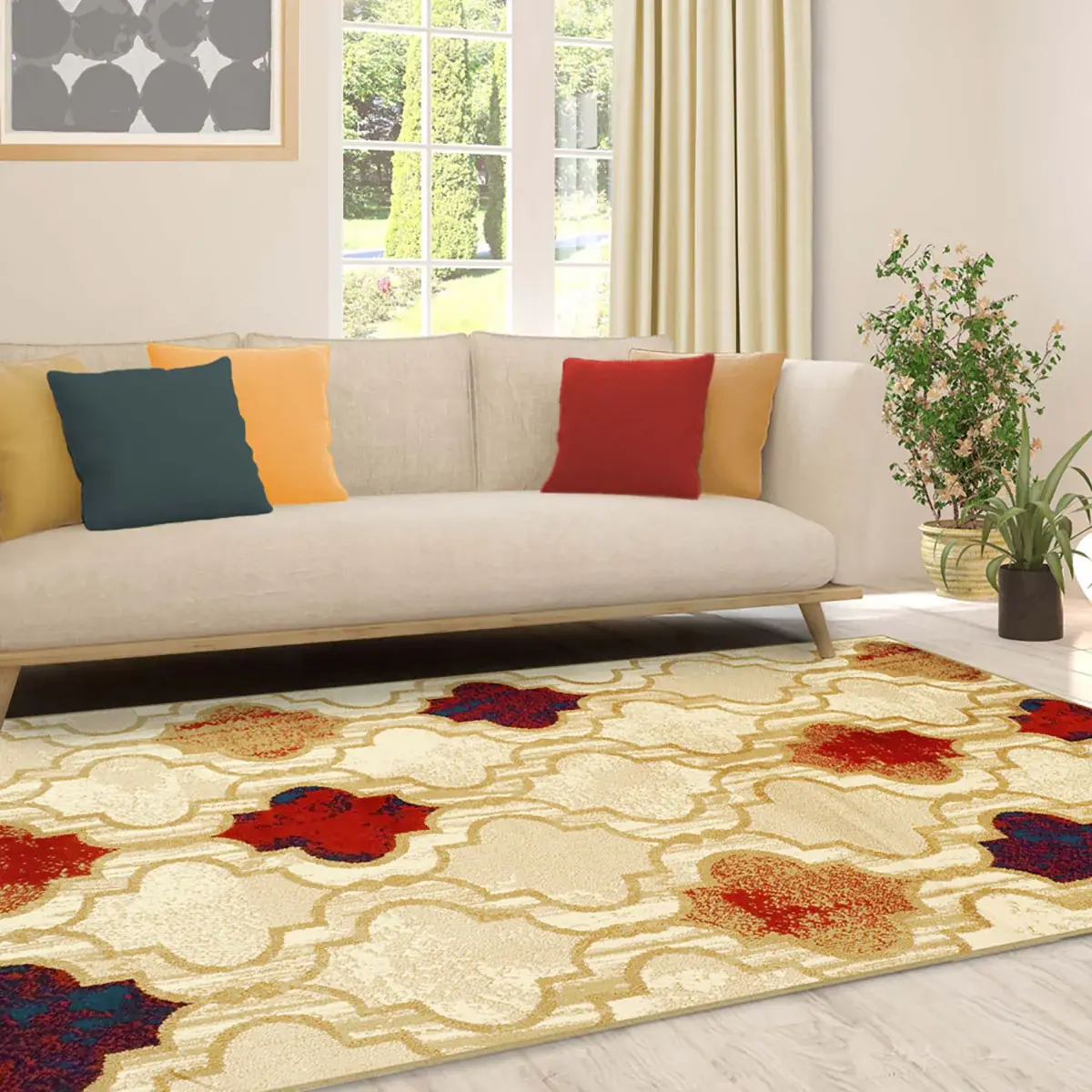 5' X 8' Beige Quatrefoil Power Loom Distressed Stain Resistant Area Rug - Image 5