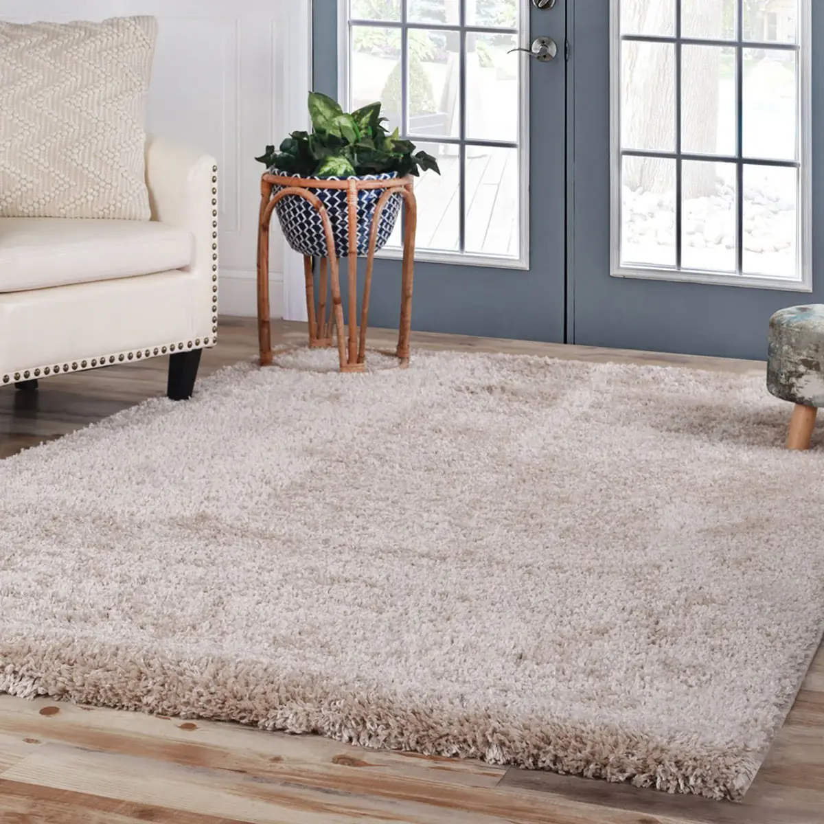 5' X 8' Beige Shag Stain Resistant Area Rug - Image 6