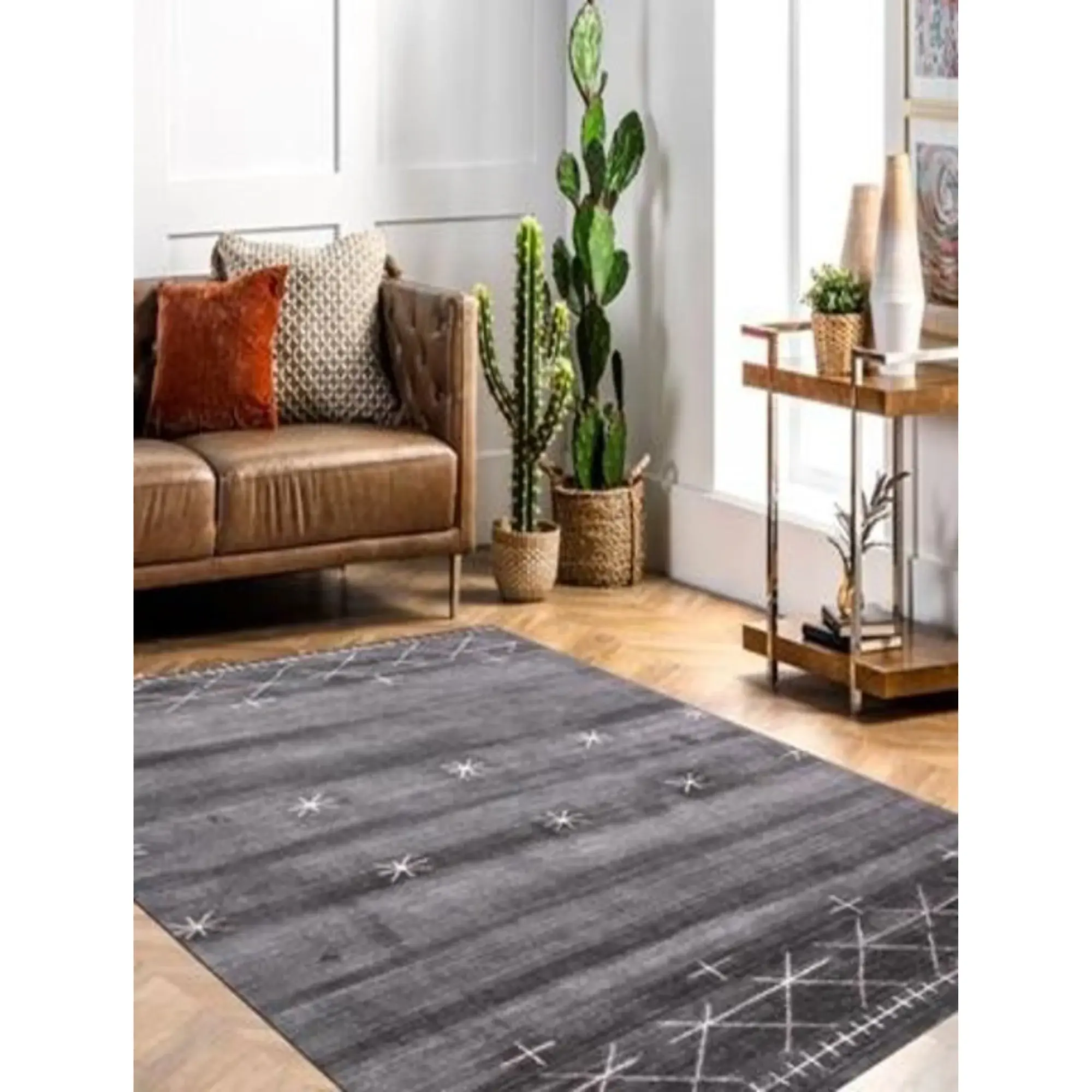 5' X 8' Black Gray and White Abstract Ombre with Stars Hand Loomed Area Rug - Image 4