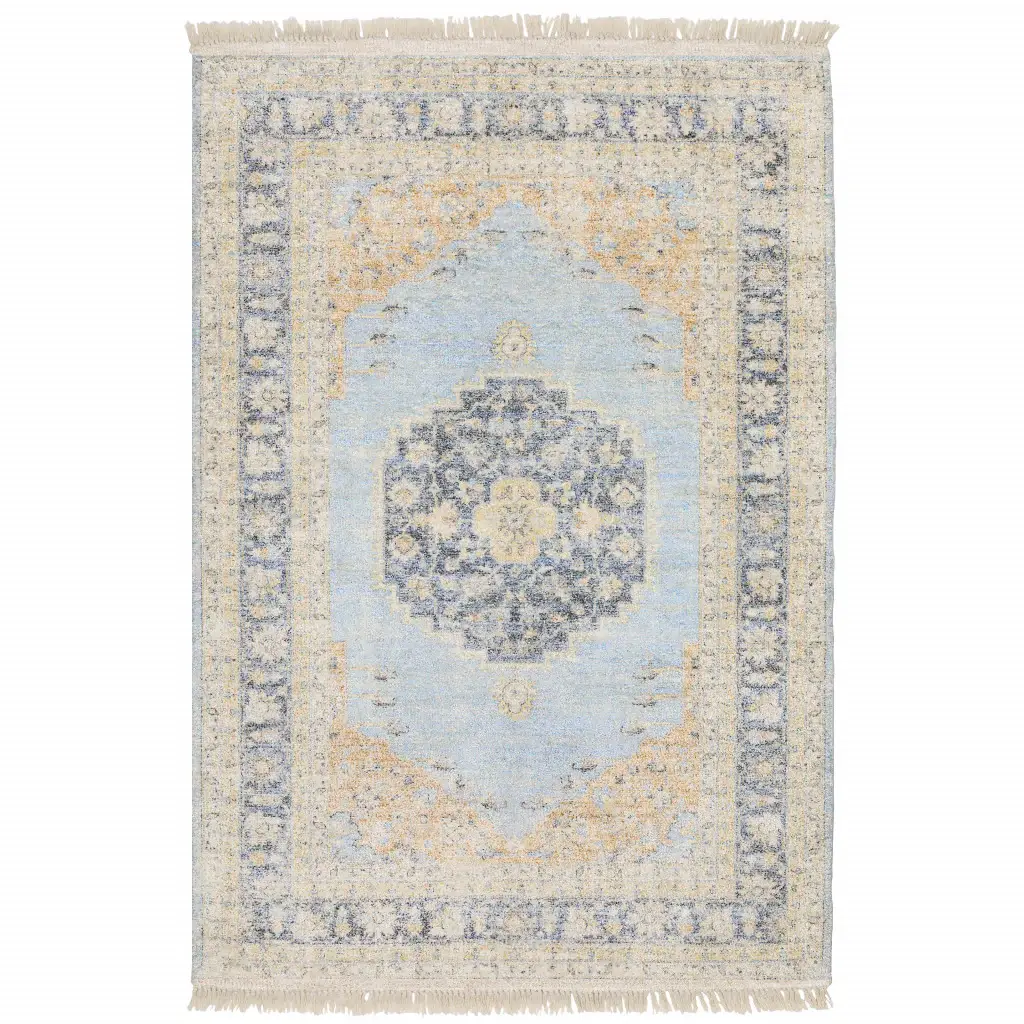 5' X 8' Blue And Beige Oriental Hand Loomed Stain Resistant Area Rug With Fringe - Image 2