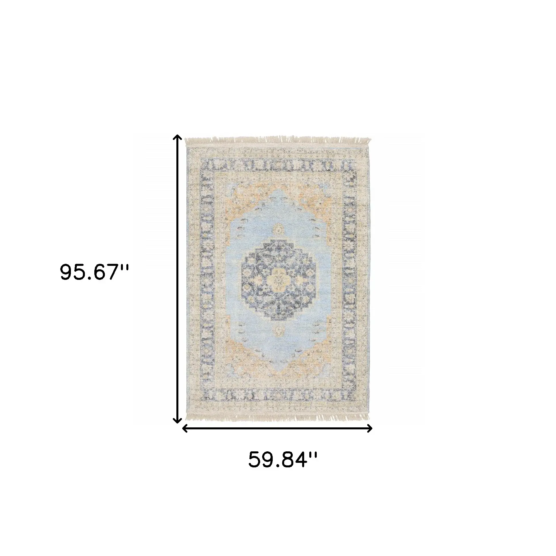 5' X 8' Blue And Beige Oriental Hand Loomed Stain Resistant Area Rug With Fringe - Image 3