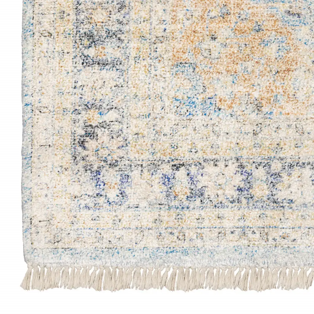 5' X 8' Blue And Beige Oriental Hand Loomed Stain Resistant Area Rug With Fringe - Image 4