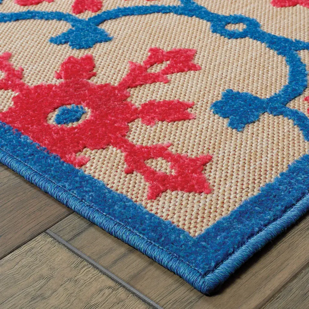 5' X 8' Blue and Beige Oriental Stain Resistant Indoor Outdoor Area Rug - Image 3