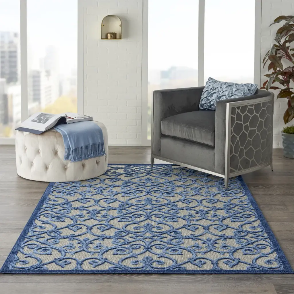 5' X 8' Blue And Gray Floral Indoor Outdoor Area Rug - Image 2