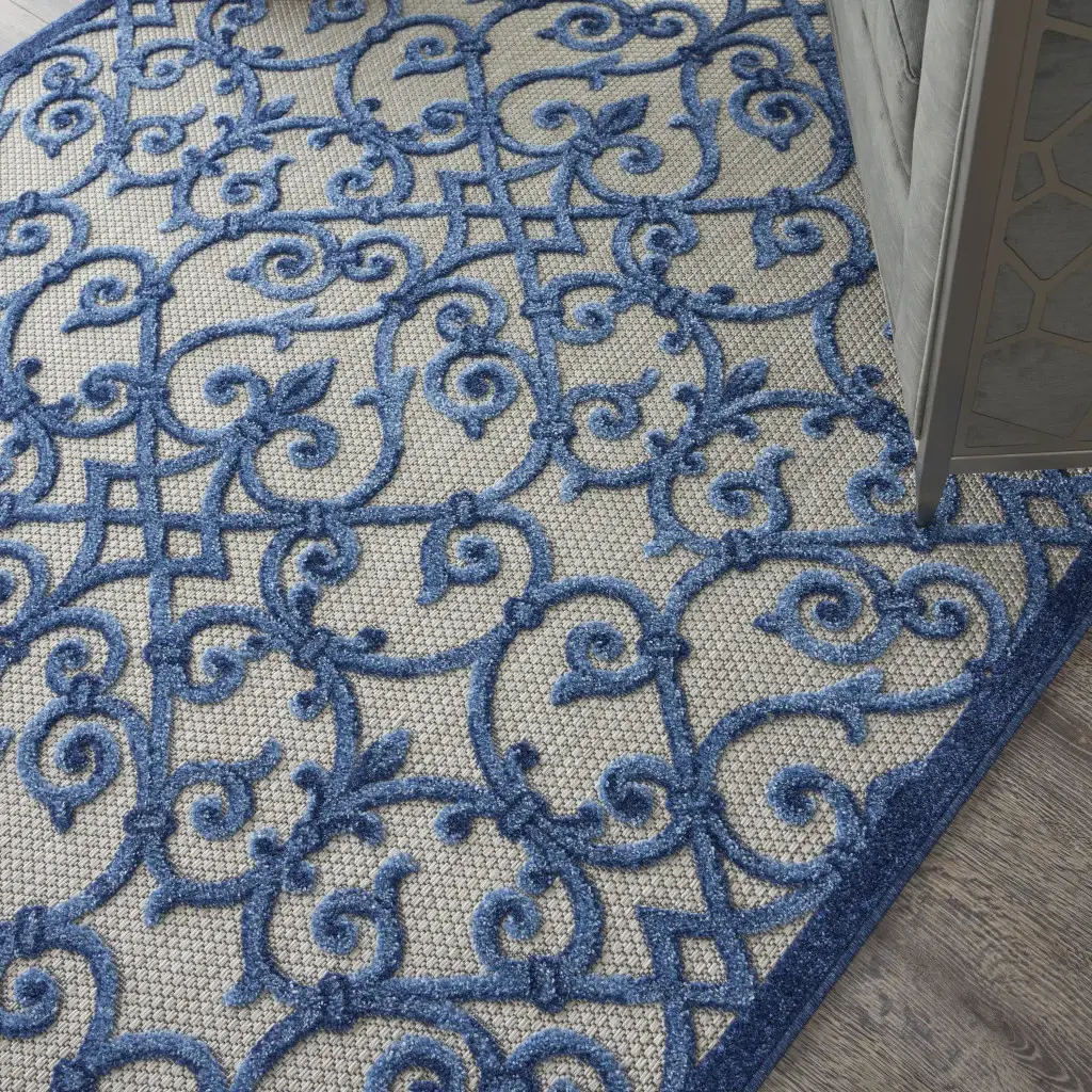 5' X 8' Blue And Gray Floral Indoor Outdoor Area Rug - Image 3