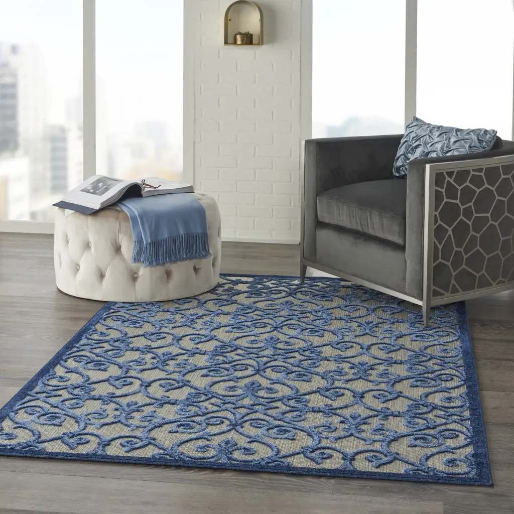 5' X 8' Blue And Gray Floral Indoor Outdoor Area Rug - Image 4