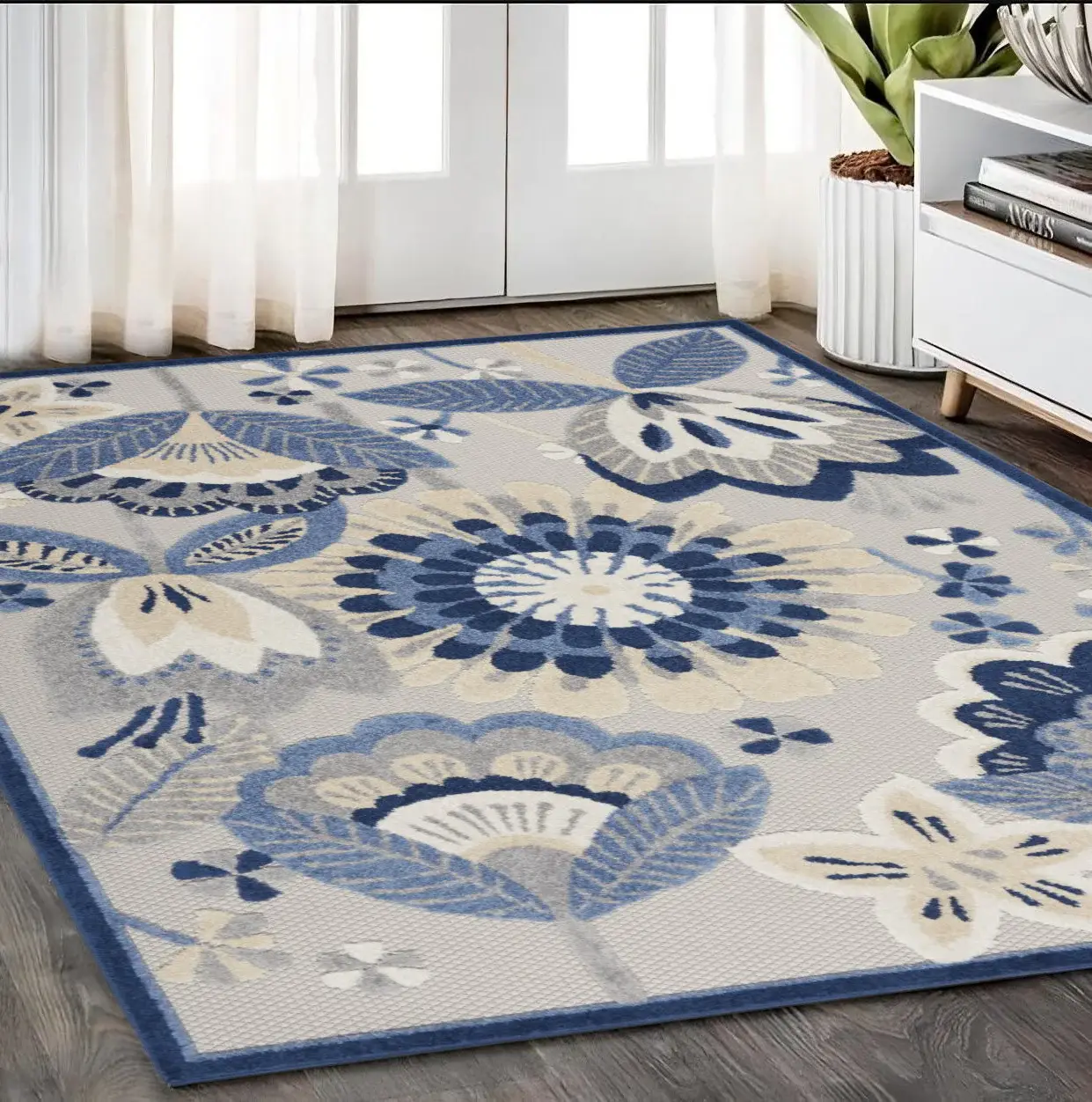 5' X 8' Blue And Gray Floral Indoor Outdoor Area Rug