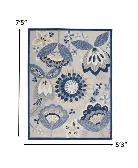 5' X 8' Blue And Gray Floral Indoor Outdoor Area Rug - Image 2