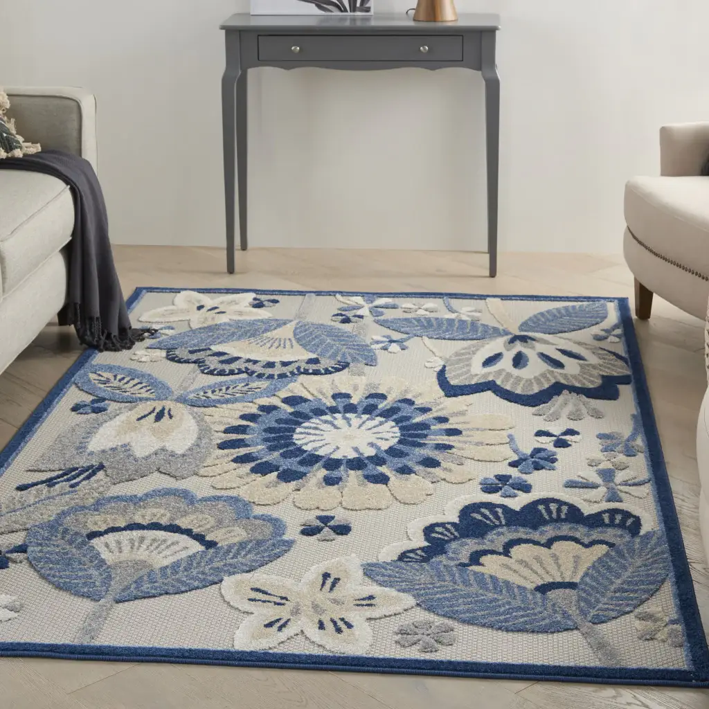 5' X 8' Blue And Gray Floral Indoor Outdoor Area Rug - Image 6