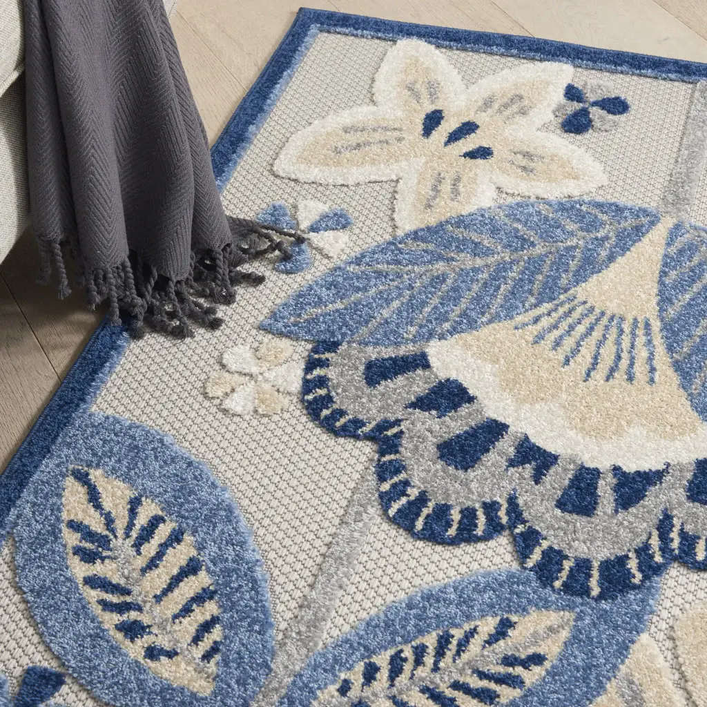 5' X 8' Blue And Gray Floral Indoor Outdoor Area Rug - Image 7