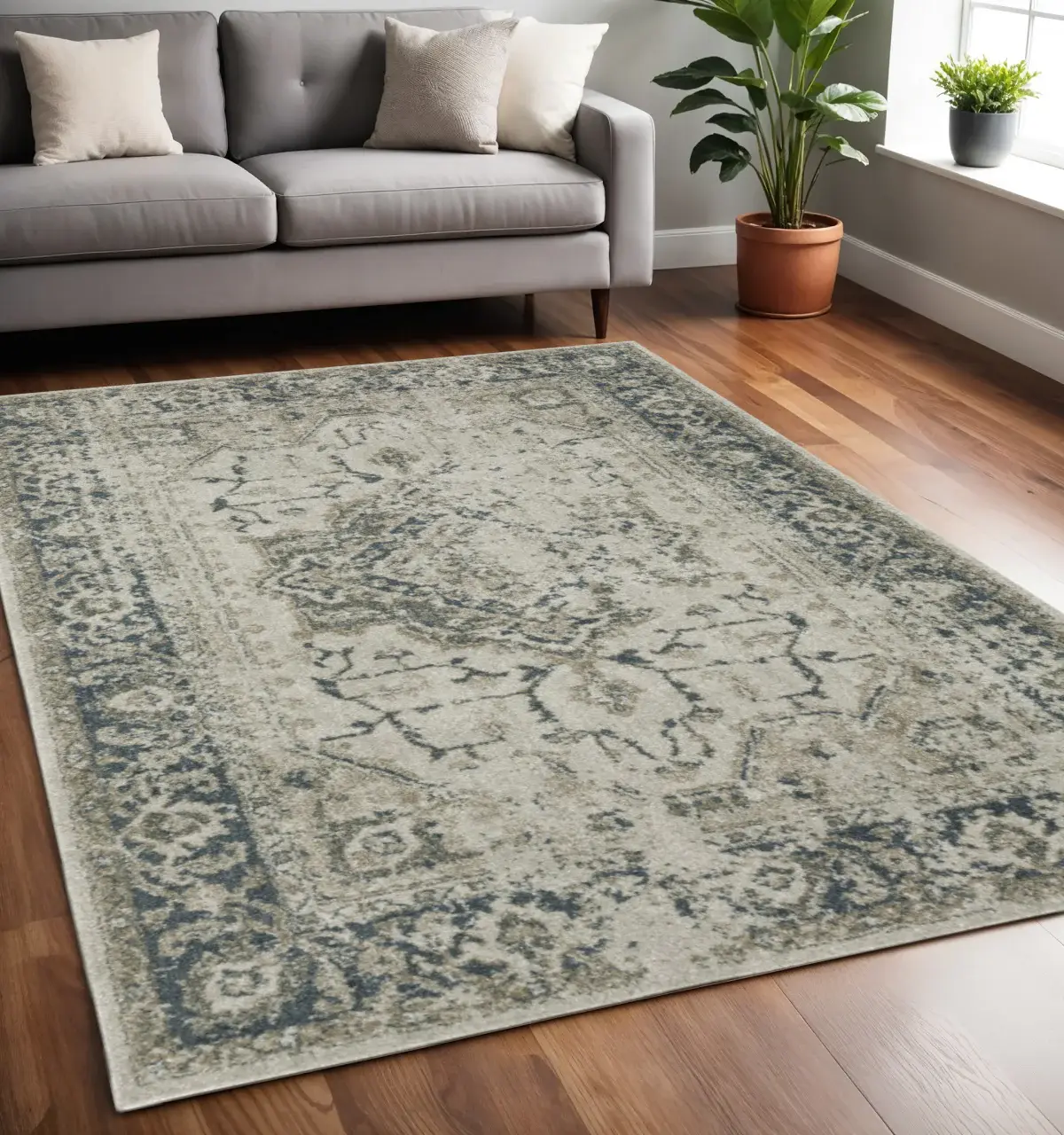 5' X 8' Blue and Gray Oriental Power Loom Area Rug
